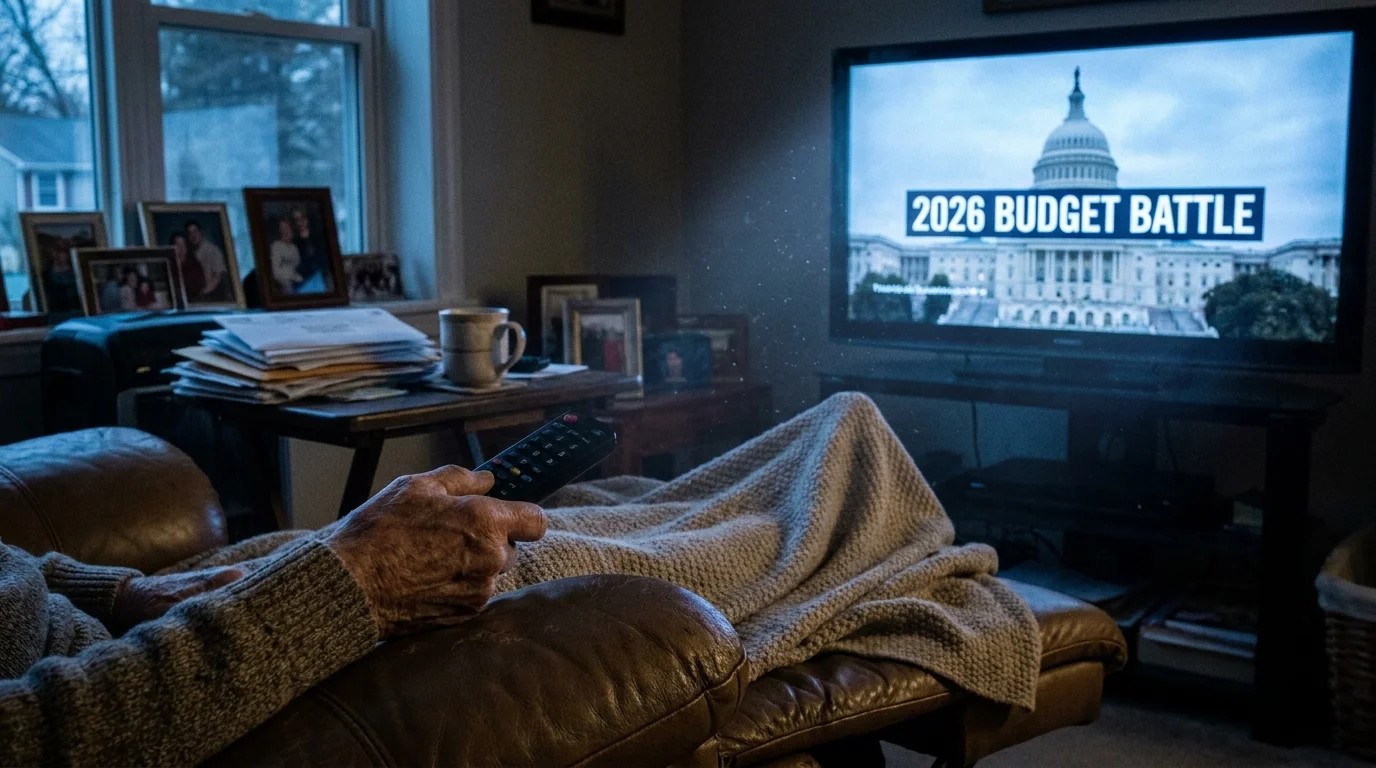 A candid photo of a person watching a political ad titled '2026 BUDGET BATTLE' in a dimly lit, cozy living room.