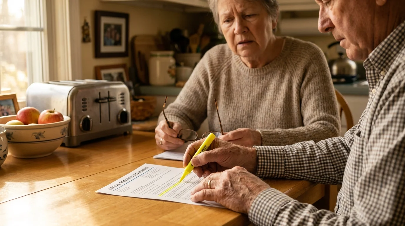 A close-up of a senior couple reviewing and highlighting their Social Security statement at a kitchen table.