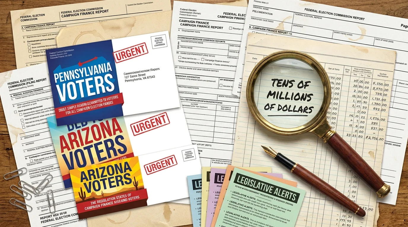 A collage of FEC filings, campaign mailers from swing states, and a magnifying glass over financial ledgers.