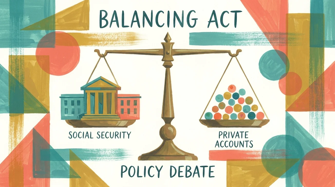 A colorful gouache illustration of a balance scale with a government building on one side and private accounts on the other.