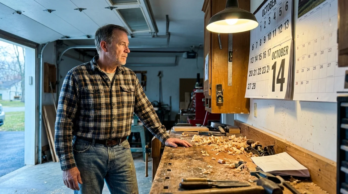 A man in a garage looking at a wall calendar, reflecting on retirement timing.