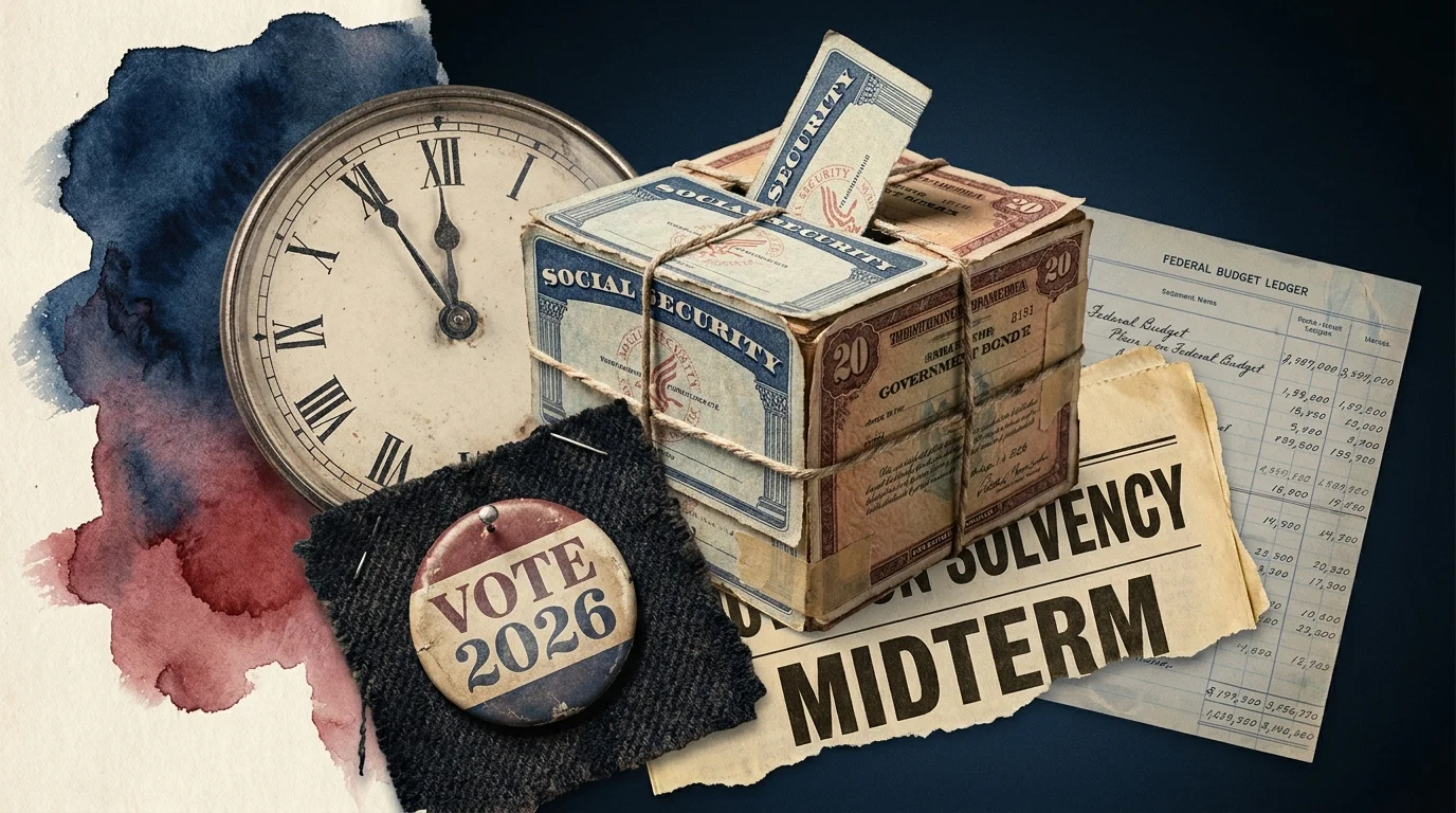 A mixed-media collage featuring a ballot box, a Social Security card, and a clock ticking toward midnight with 'VOTE 2026' text.