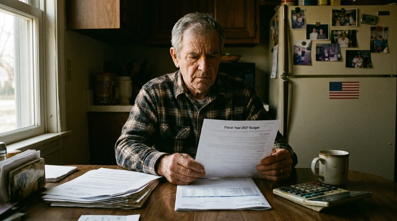 A senior man at a kitchen table looks at a budget document under soft evening light, representing the personal impact of federal policy.