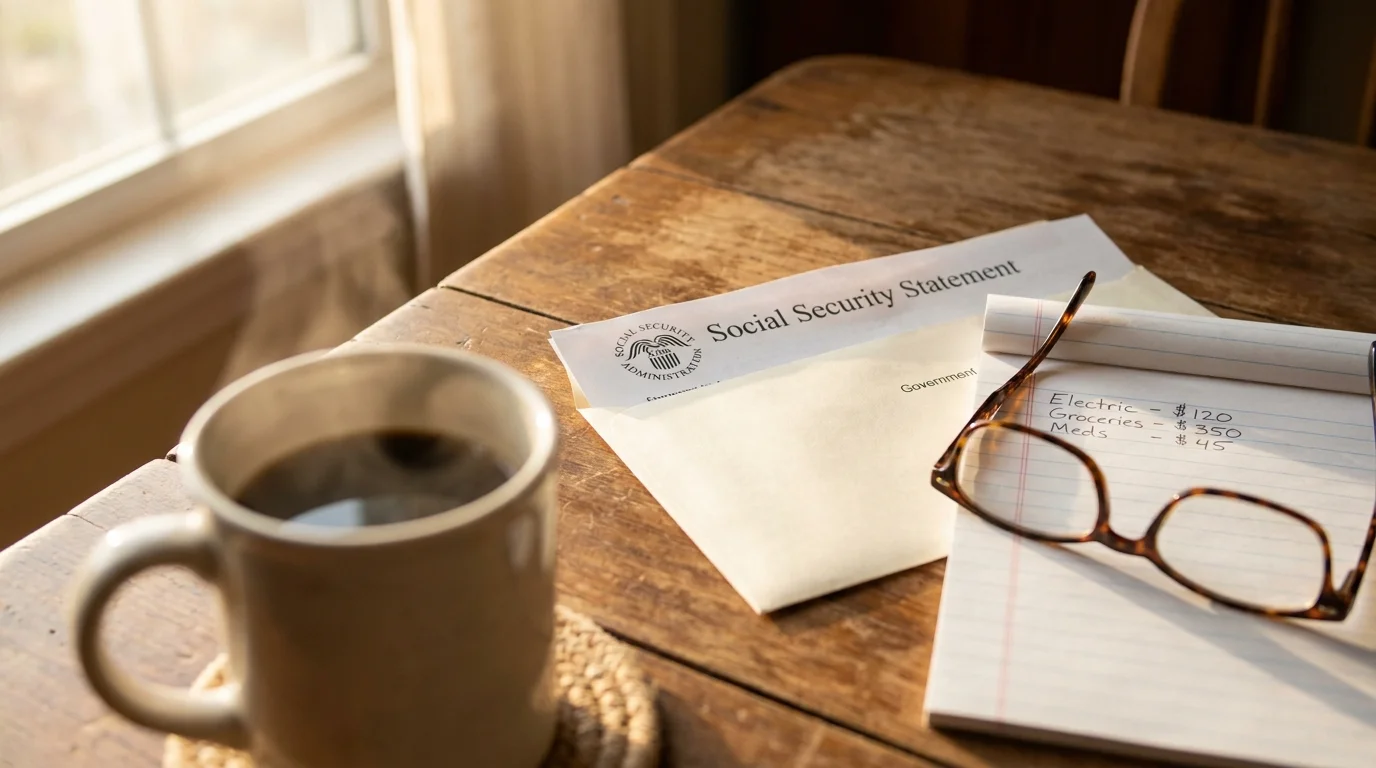 A Social Security statement and reading glasses on a sunlit wooden kitchen table next to a coffee mug.