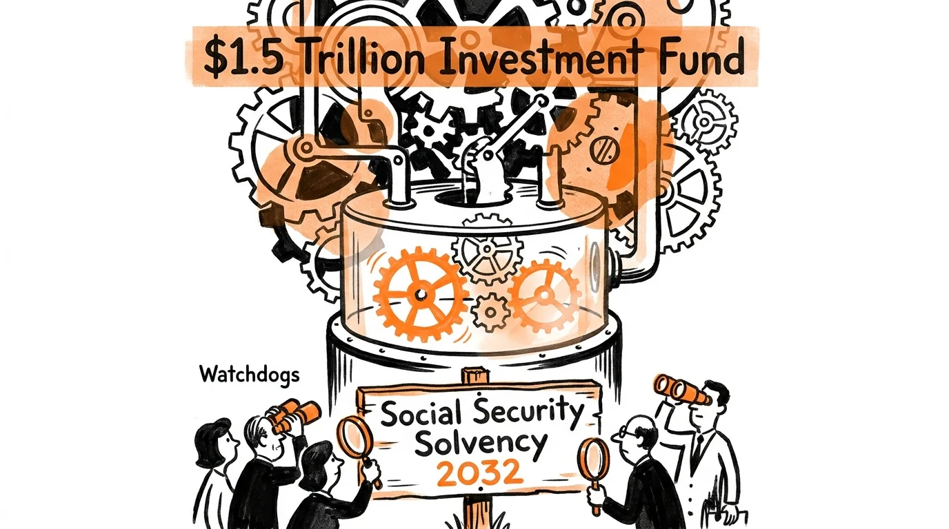 An illustration of a massive $1.5 trillion machine labeled 'Investment Fund' being inspected by watchdogs with binoculars.
