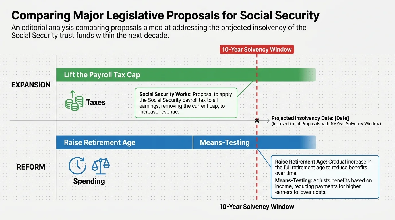 An infographic comparing policy proposals like 'Lift Payroll Tax Cap' and 'Raise Retirement Age' against a solvency timeline.