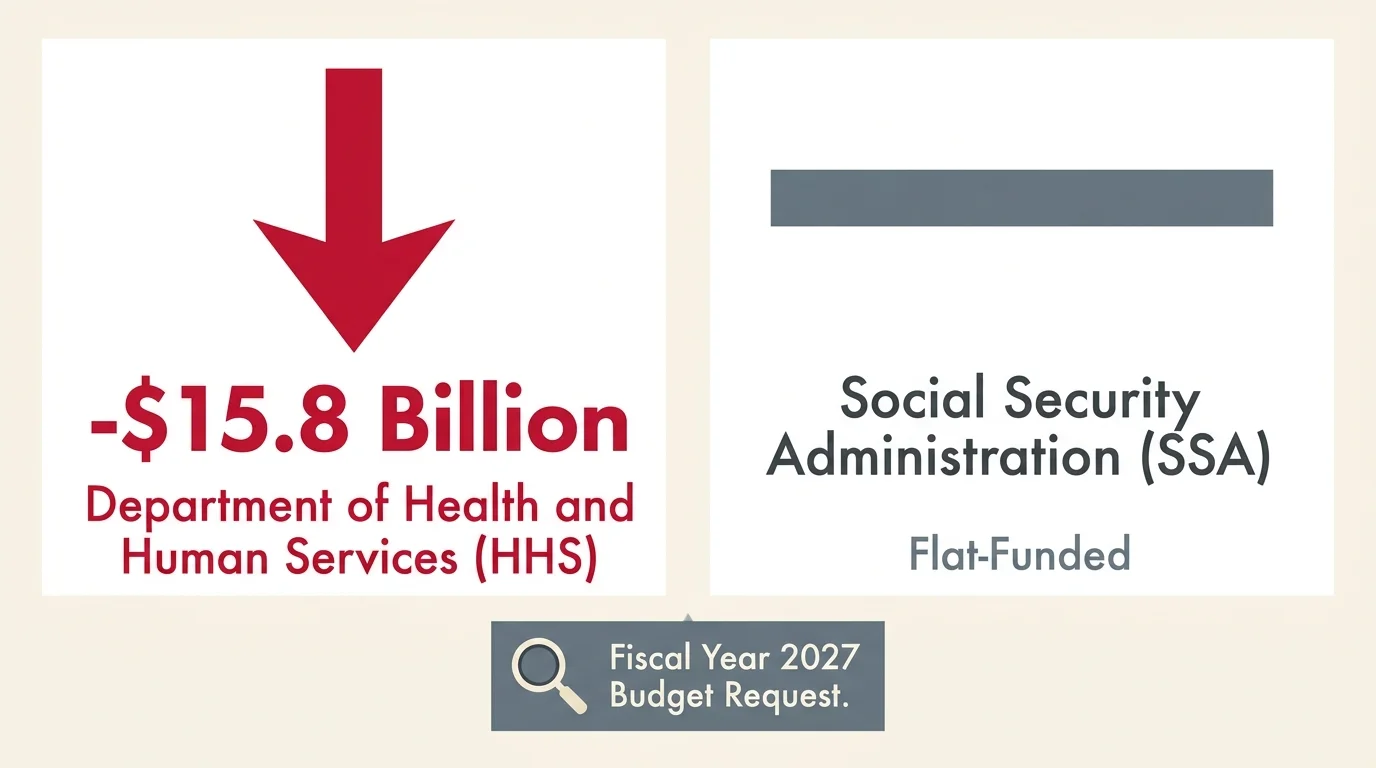 An infographic showing a $15.8 billion cut to HHS and flat-funding for the Social Security Administration.