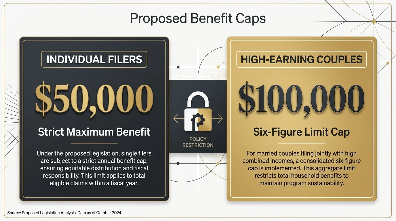 An infographic showing the proposed $50,000 individual and $100,000 couple caps on Social Security benefits.