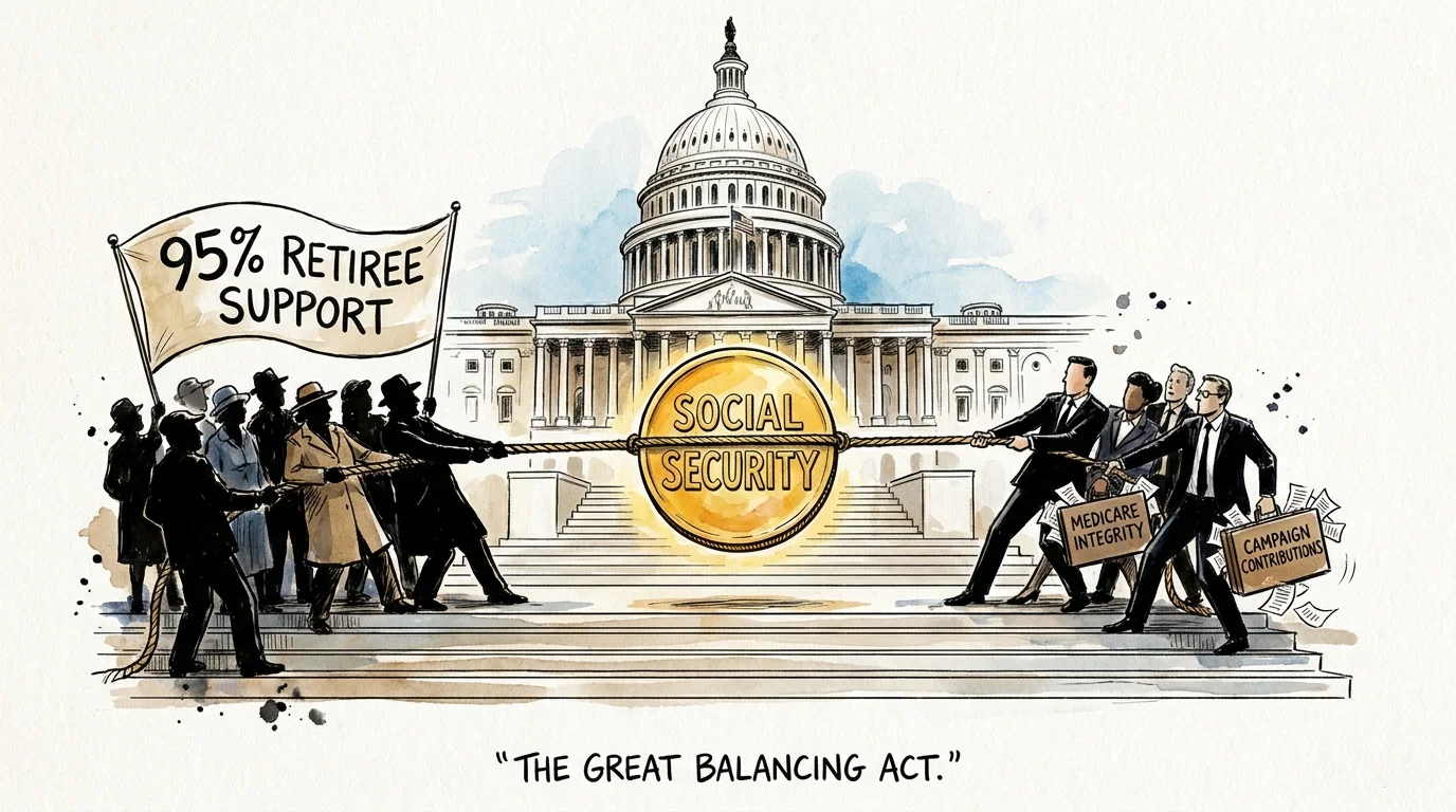 An ink and watercolor illustration of a tug-of-war between retiree advocacy groups and corporate lobbyists over a Social Security coin.