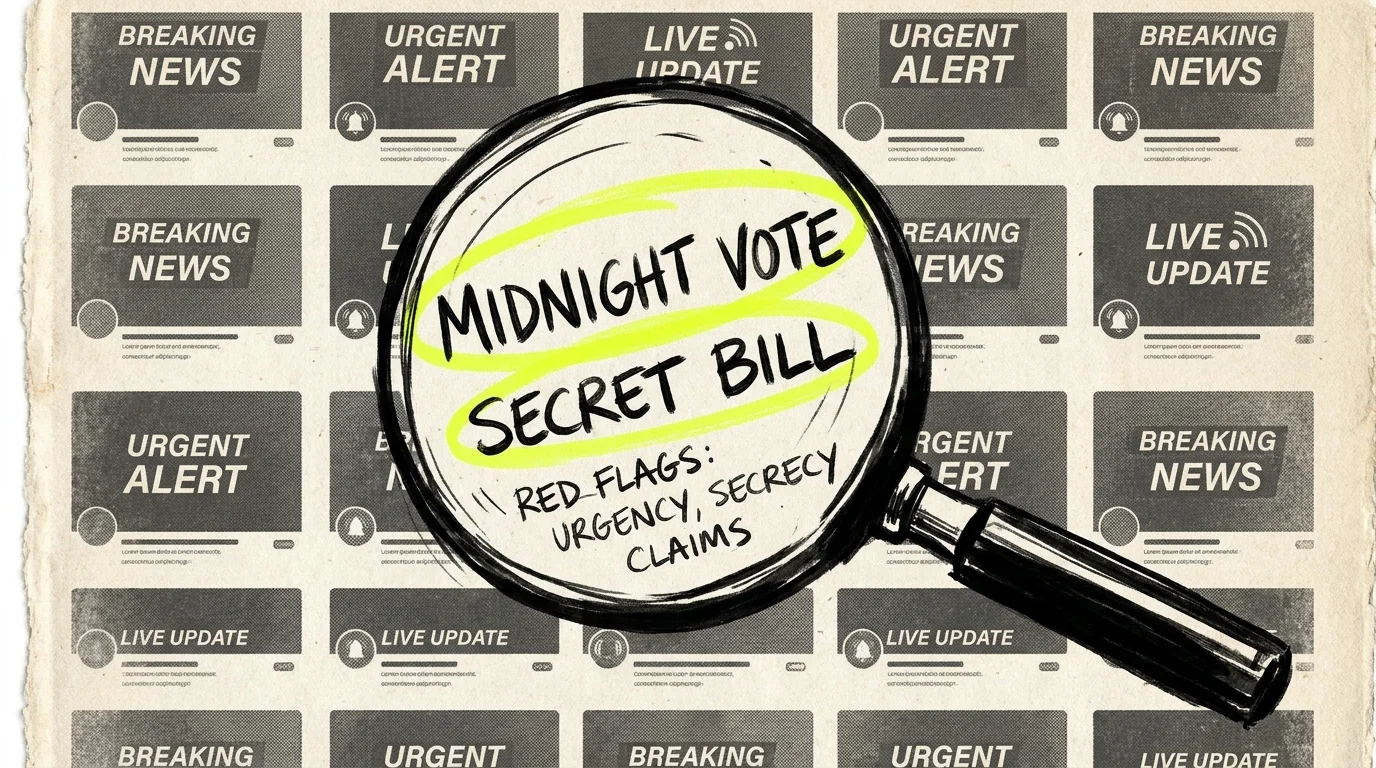 An ink drawing of a magnifying glass highlighting phrases like 'Midnight Vote' in a social media feed.