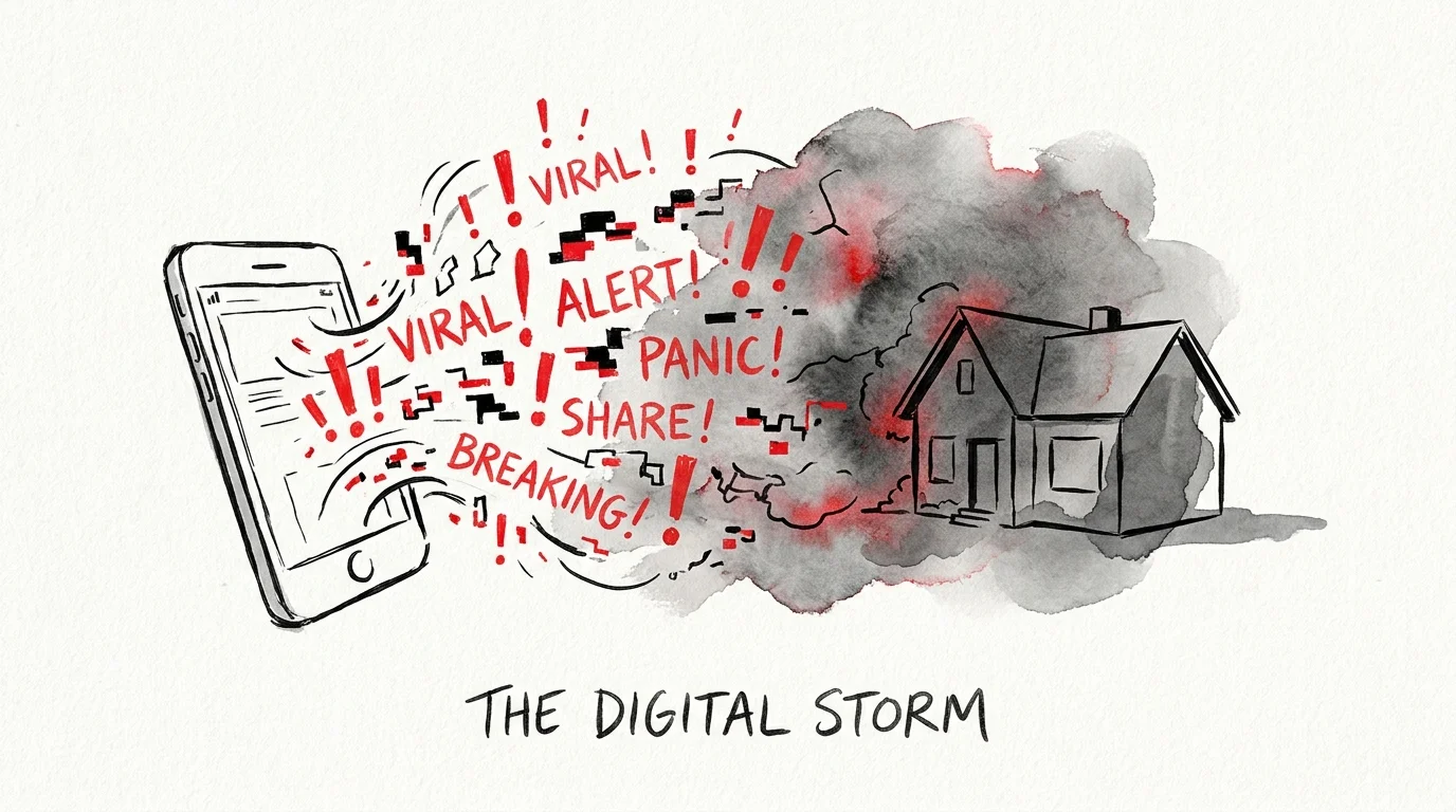 An ink drawing showing a smartphone emitting a cloud of red exclamation points over a peaceful house.