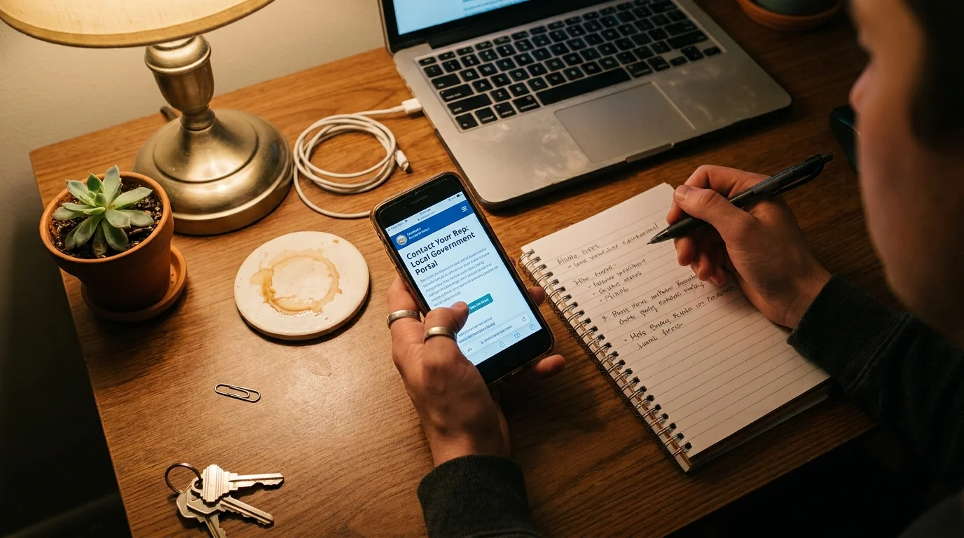 Close-up of hands using a phone to find a representative's contact information at a home desk.