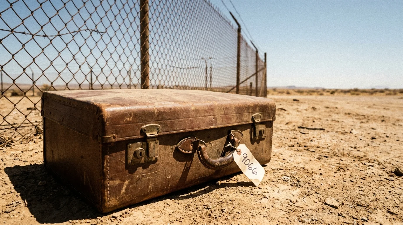 A 1940s suitcase sits on gravel in front of a barbed-wire fence, with a tag reading '9066'.