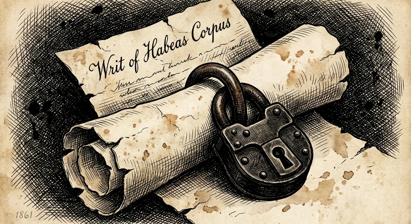 A 19th-century style ink sketch showing a padlock clamped over a 'Writ of Habeas Corpus' scroll, dated 1861.