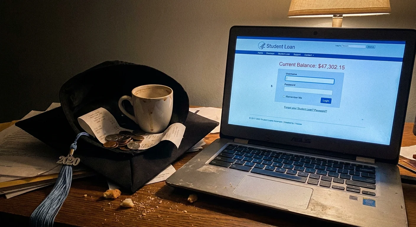 A 2020 graduation cap sits next to a laptop showing a student loan balance that has not been cancelled.