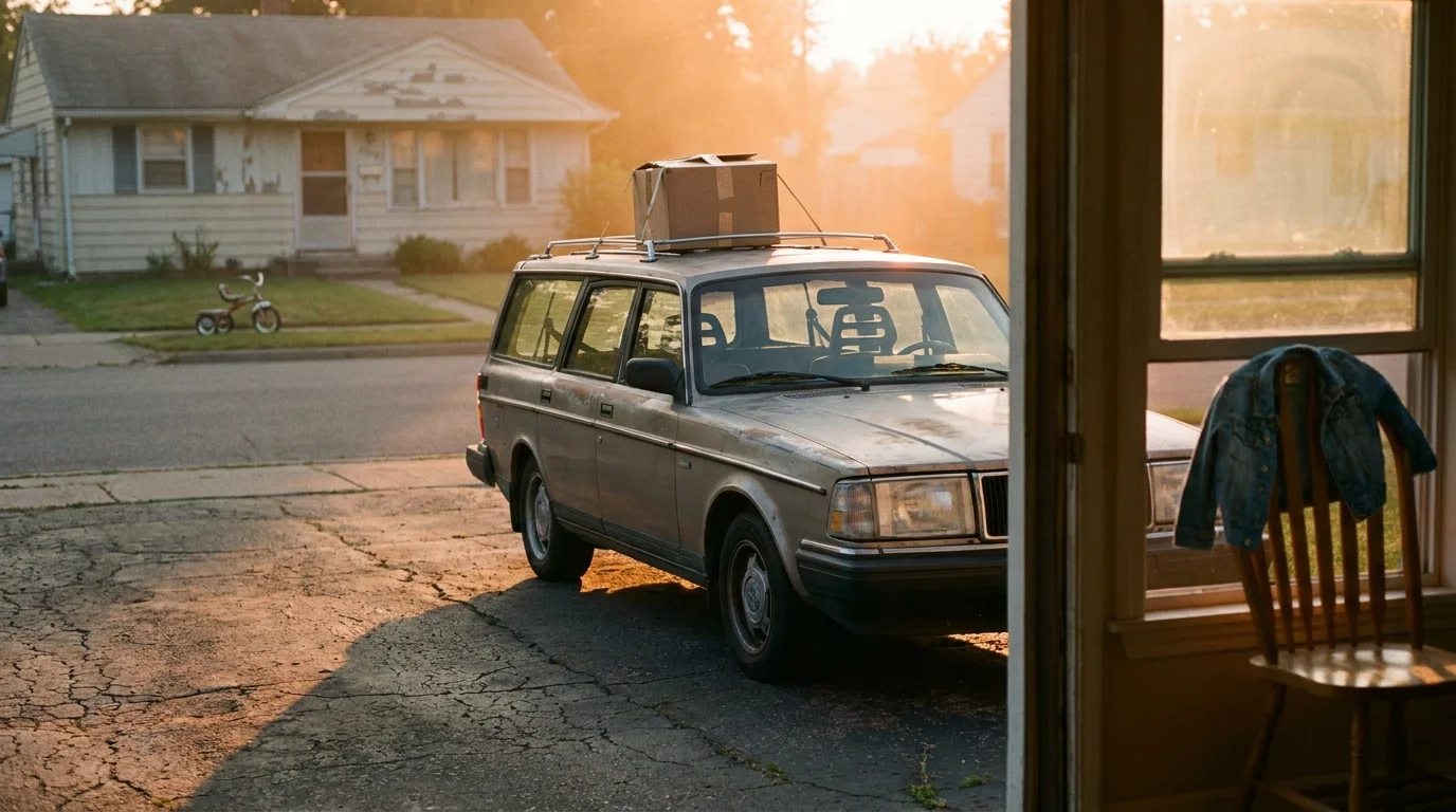 A 35mm film photograph of a modest suburban driveway and car during the golden hour, symbolizing family life.