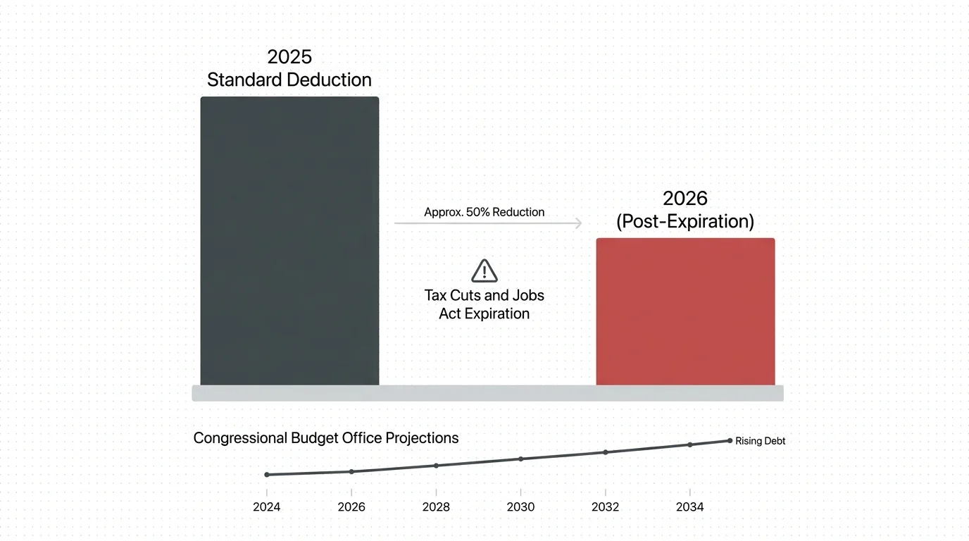 A bar chart comparing the 2025 standard deduction to a much lower 2026 projection, highlighting the upcoming tax cut expiration.