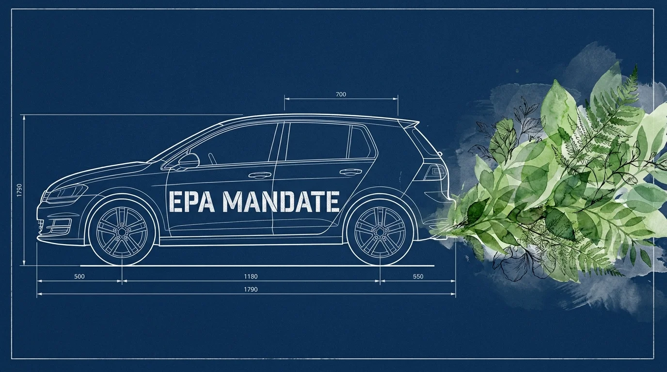 A blueprint of a car with green watercolor leaves flowing from the tailpipe, representing new EPA emissions standards.