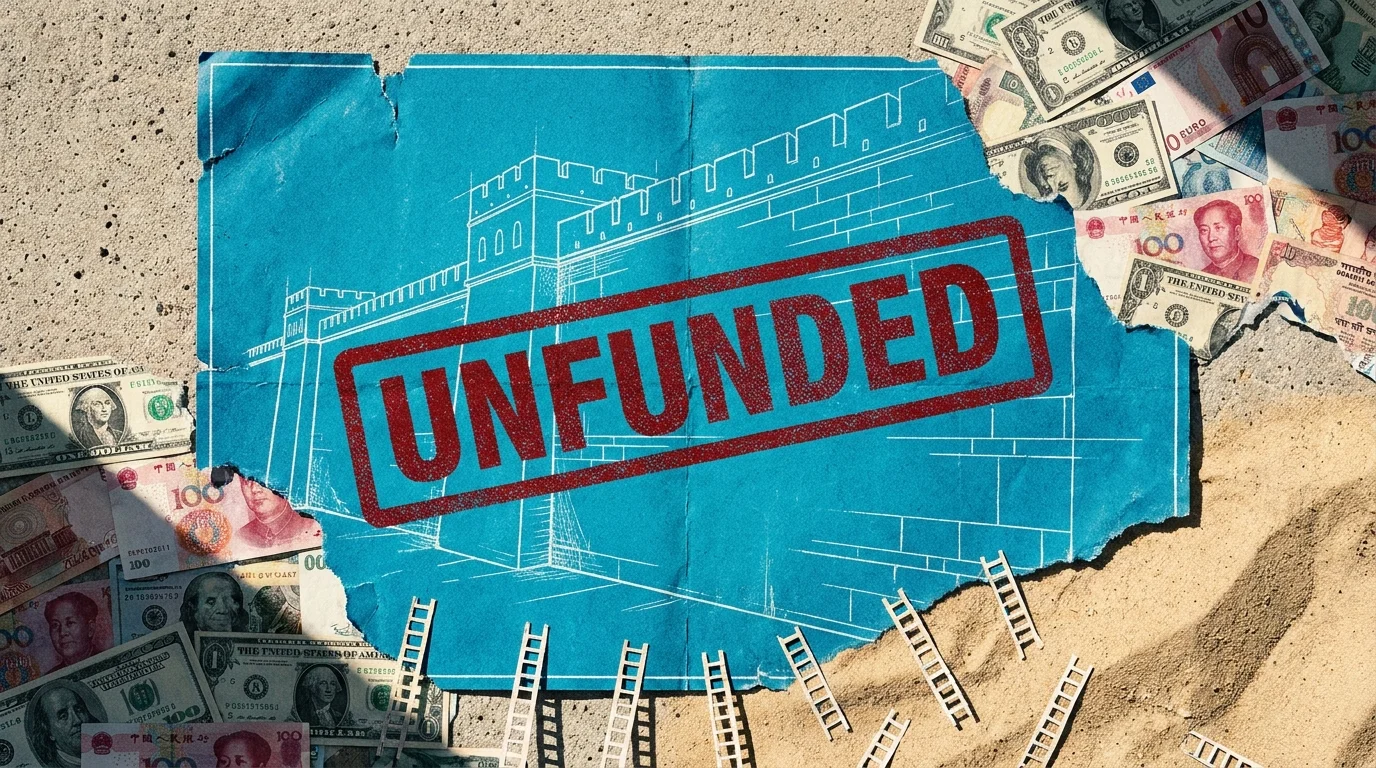 A blueprint of a wall with a red 'UNFUNDED' stamp, layered with textures of sand and currency.
