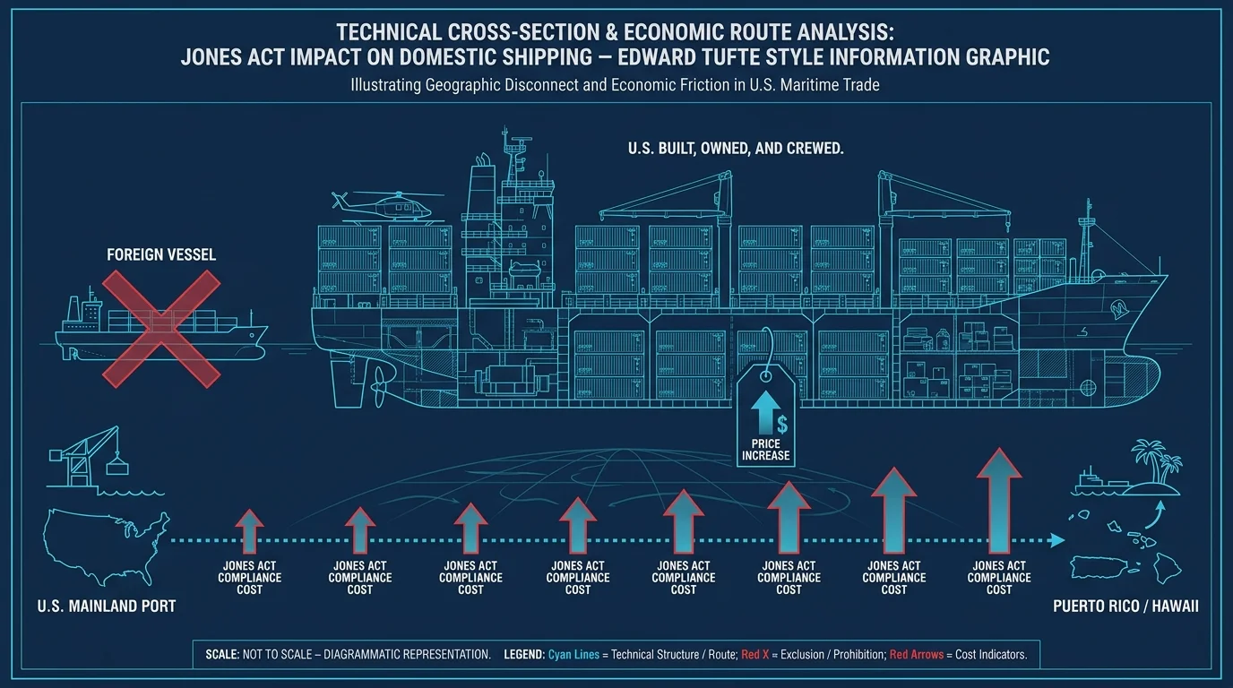 A blueprint-style diagram showing the shipping route from the mainland to islands, highlighting the costs of Jones Act compliance.