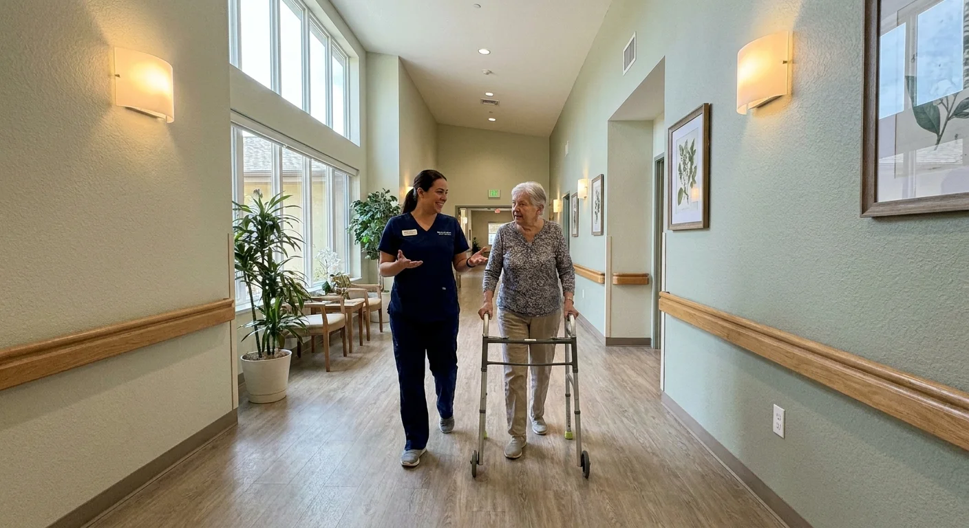 A candid photo of a staff member walking with a senior resident in a sunlit care facility.