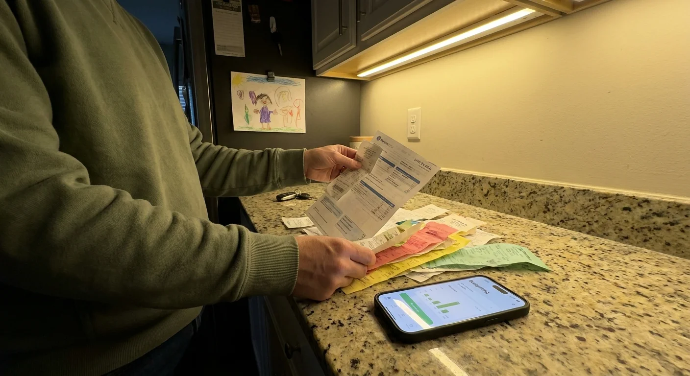 A candid-style photo of a person's hands sorting receipts on a kitchen counter under warm lighting.