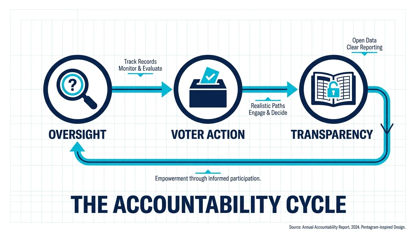 A circular diagram showing the cycle of Oversight, Voter Action, and Transparency.