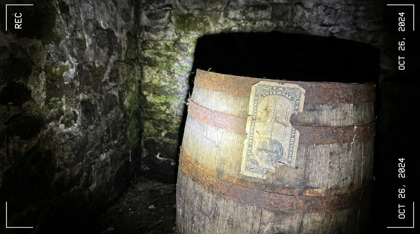 A close-up, flash-lit photo of an old whiskey barrel with a government tax stamp in a dark cellar.