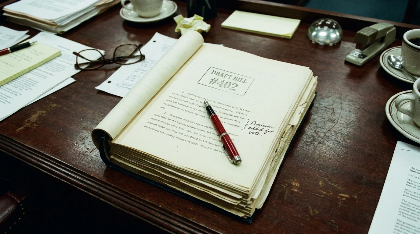 A close-up of a draft bill on a desk with a red pen pointing to a margin note.