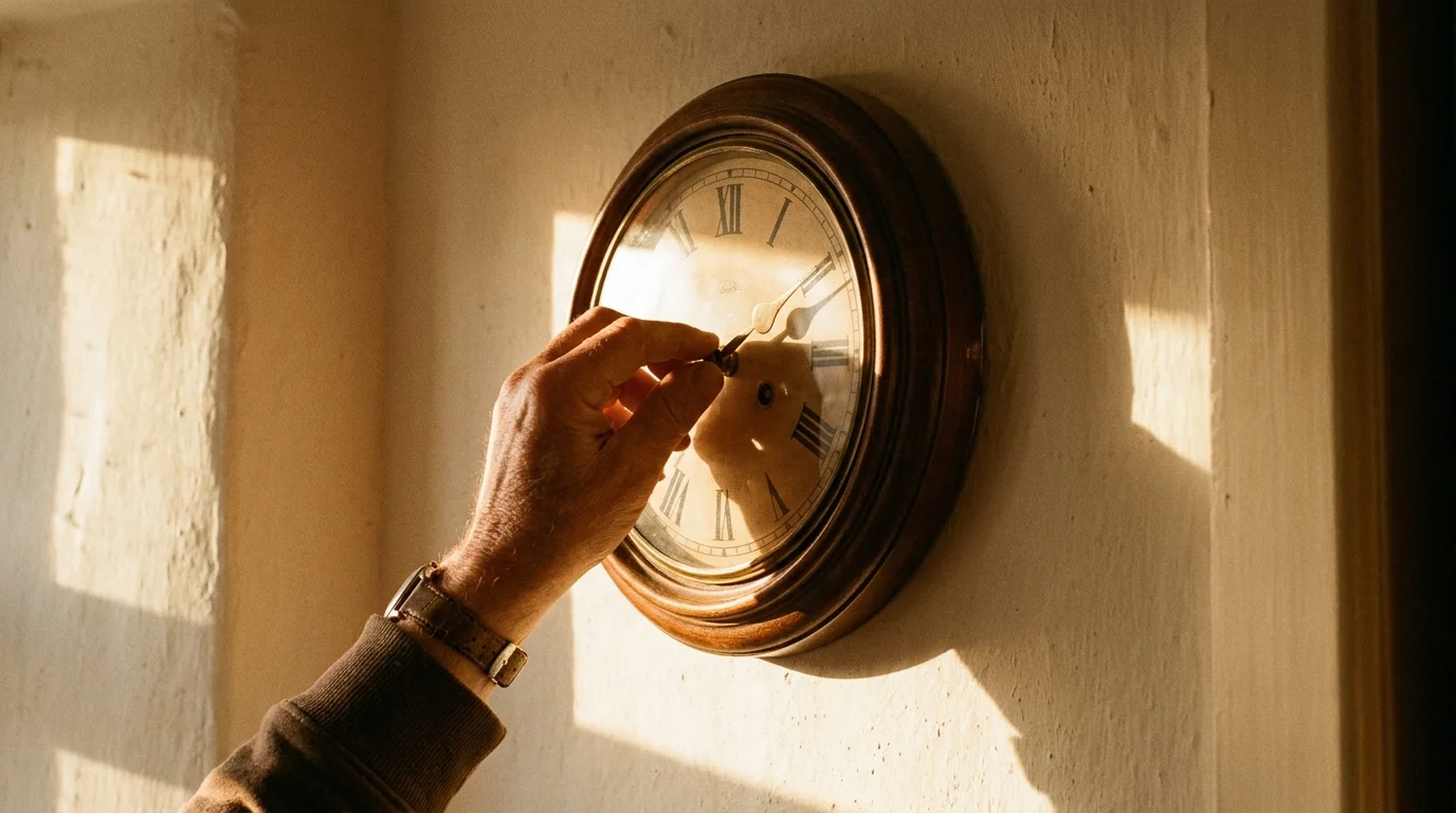A close-up of a hand adjusting a wooden wall clock in the warm morning sunlight.