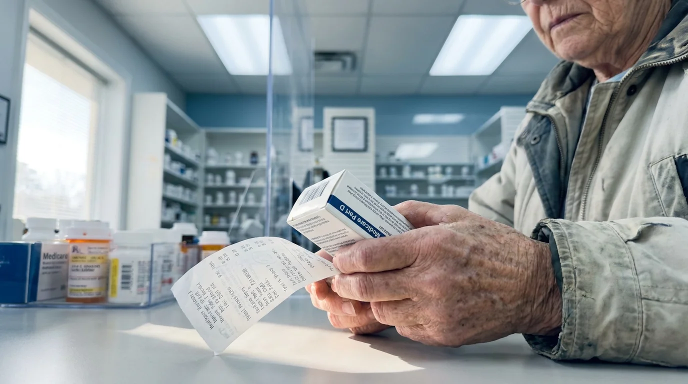 A close-up of a senior's hands holding a Medicare Part D medication box and a receipt at a pharmacy counter.