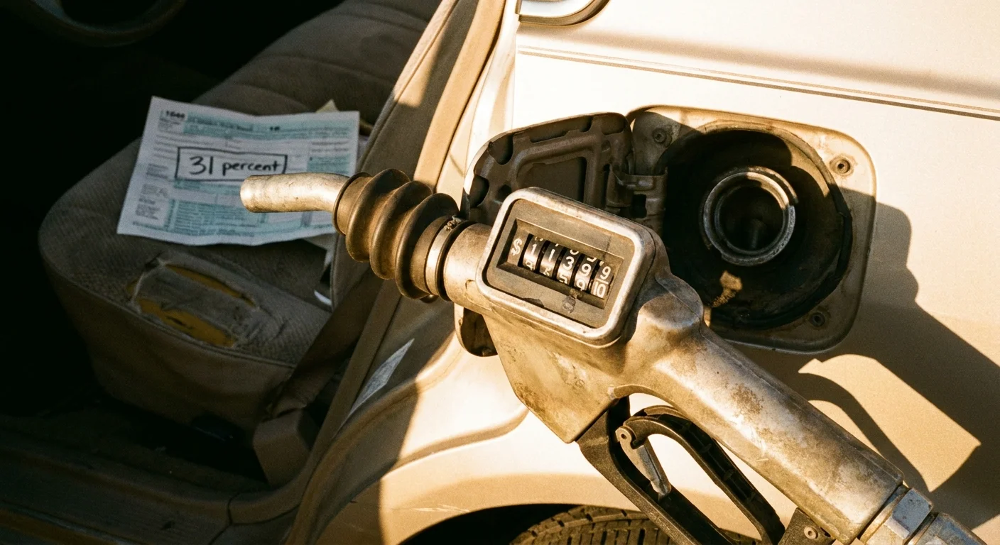 A close-up of a vintage gas pump nozzle with a tax form in the background showing a 31 percent rate.