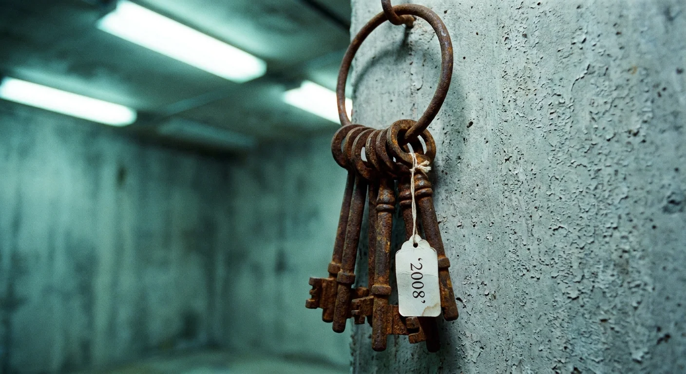 A close-up of rusted iron keys hanging on a concrete wall with a tag dated 2008.