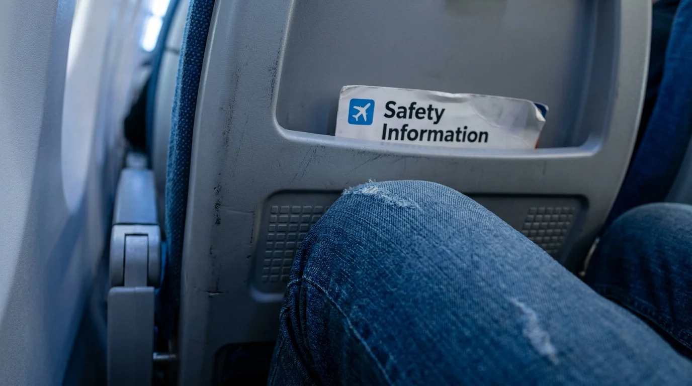 A close-up photo of a passenger's knee pressed against the back of a cramped airplane seat.