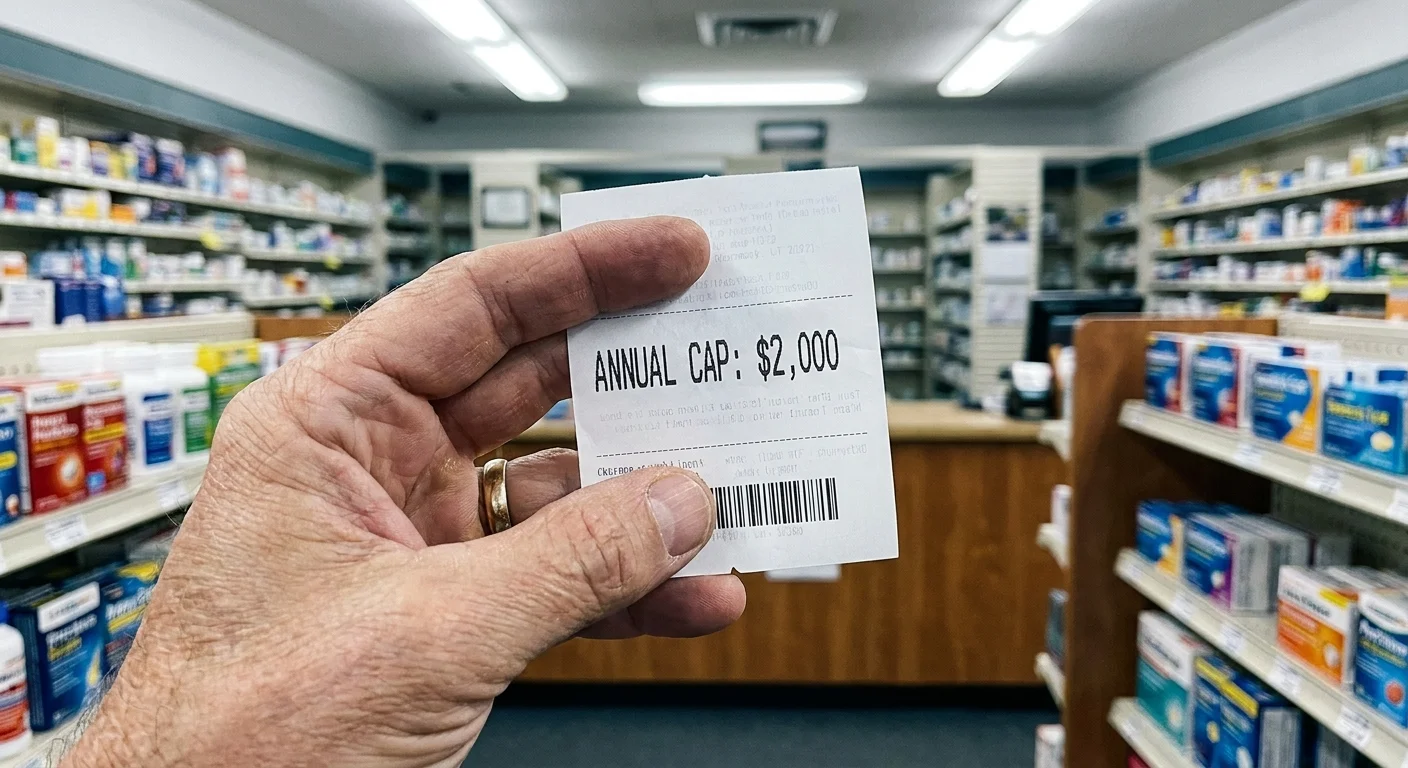 A close-up photo of a pharmacy receipt highlighting a two-thousand dollar annual cap.