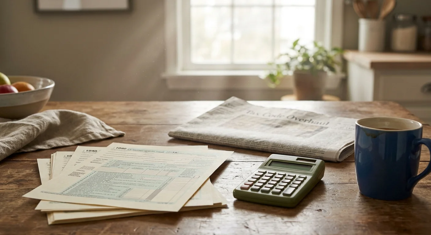 A close-up photograph of tax forms, a calculator, and a coffee mug on a wooden table in soft morning light.