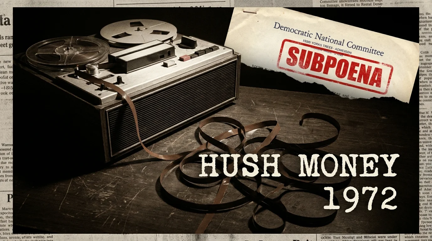 A collage featuring a reel-to-reel tape recorder with magnetic tape spelling out hush money and a DNC letterhead.