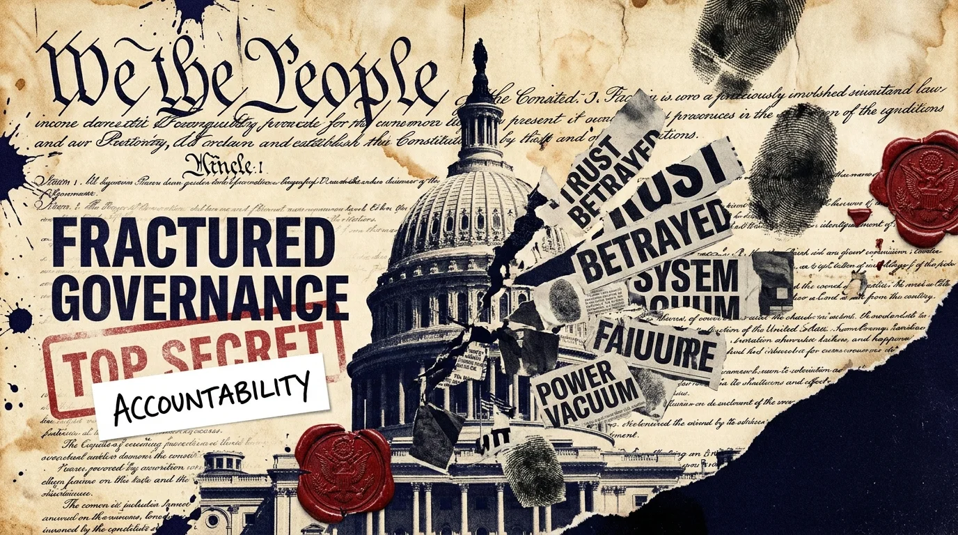 A collage of a cracked U.S. Capitol dome made of newsprint and historical documents with an accountability label over a top secret stamp.