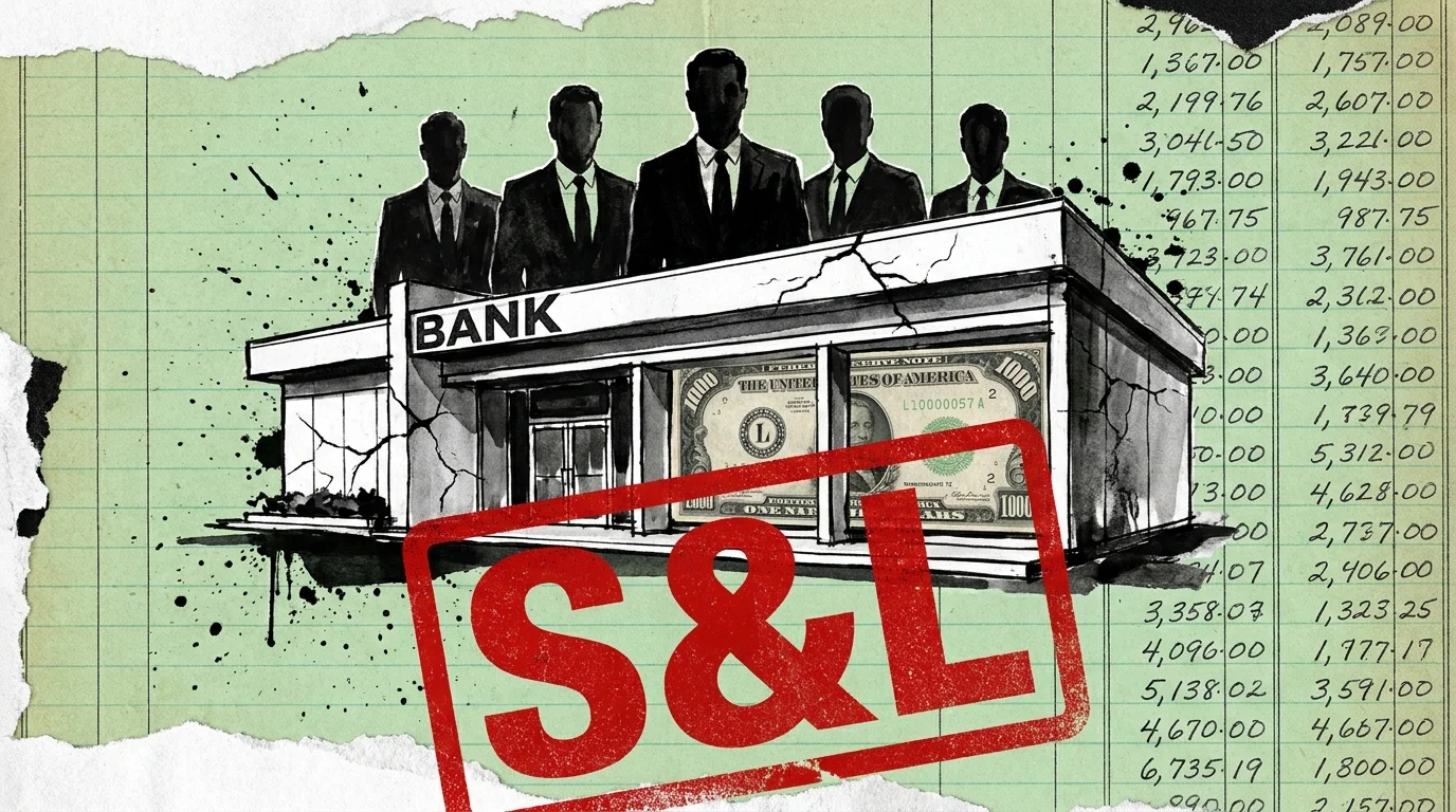 A collage of a cracking bank building over ledger paper with five silhouettes of men in suits.
