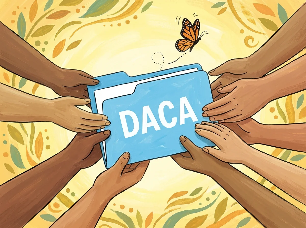 A colorful gouache illustration showing diverse hands holding a blue DACA folder with a monarch butterfly emerging.