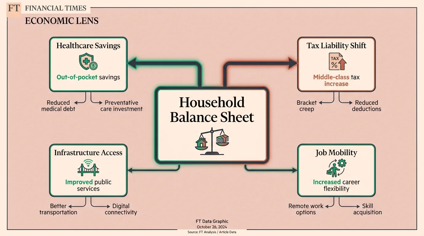 A concept map showing how policy changes ripple out to impact the household balance sheet, healthcare, and taxes.