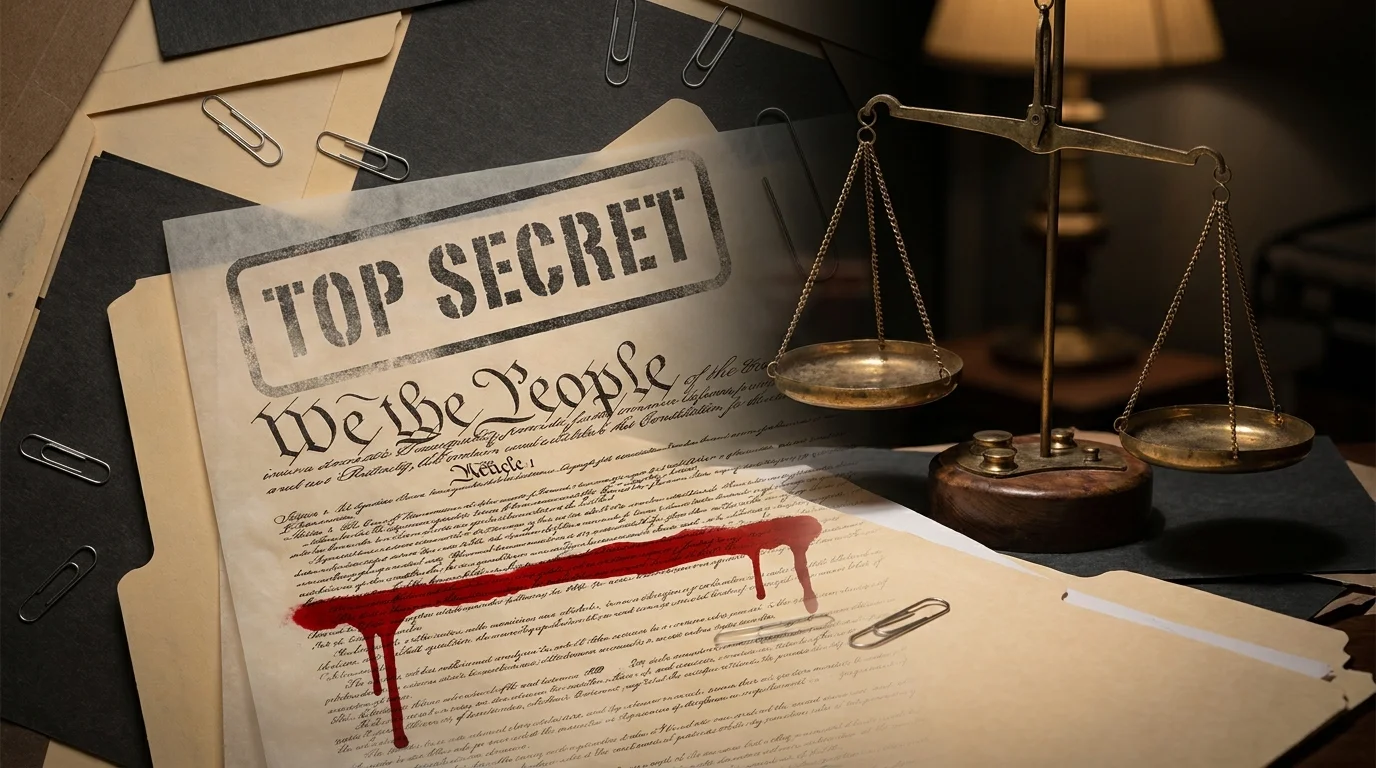 A conceptual image showing the U.S. Constitution partially redacted by a top secret stamp and unbalanced scales of justice.