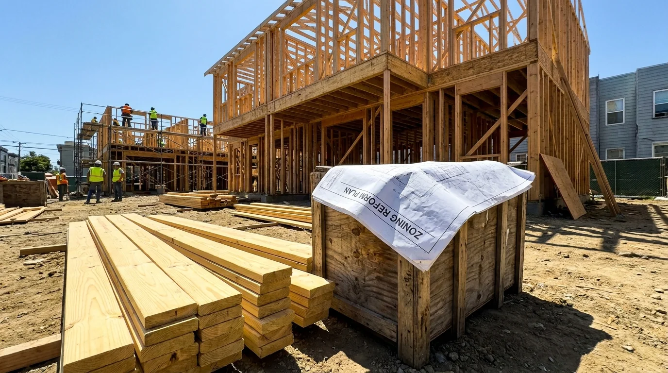 A construction site for new multi-family housing with a zoning reform blueprint in the foreground.