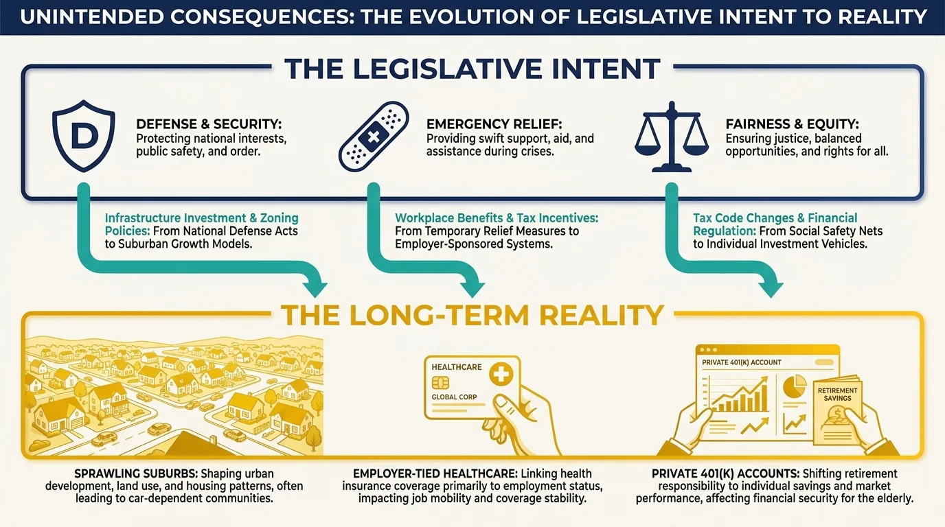 A diagram connecting legislative intentions like 'National Defense' to their real-world outcomes like 'Suburban Sprawl'.