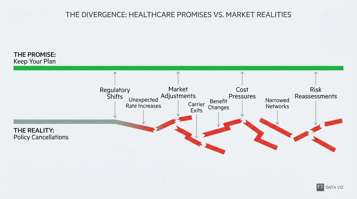 A diagram showing a solid green line for 'The Promise' diverging into a broken red line for 'The Reality'.