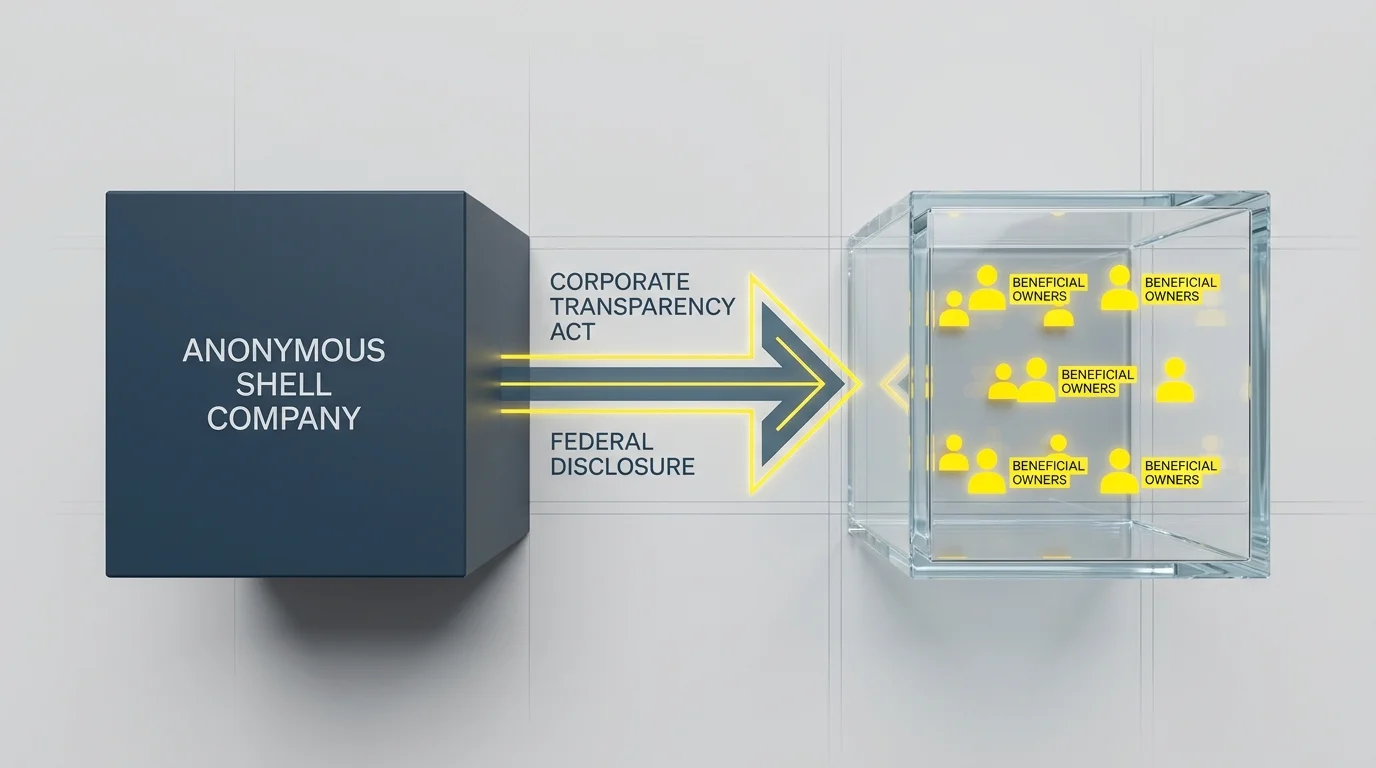 A diagram showing an opaque box transforming into a transparent cube to reveal 'Beneficial Owners' under the Corporate Transparency Act.