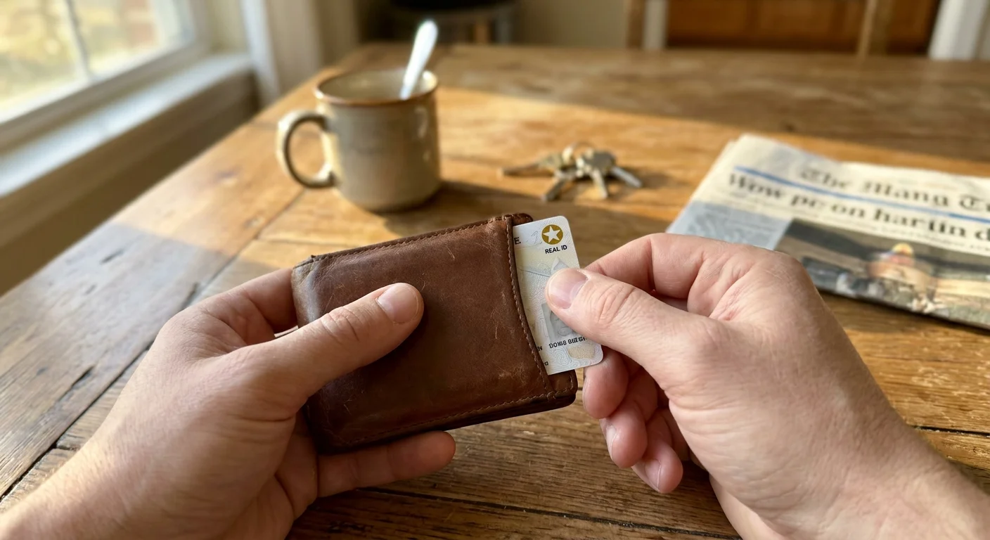A first-person view of someone pulling a driver's license with a gold star symbol out of their wallet at a kitchen table.