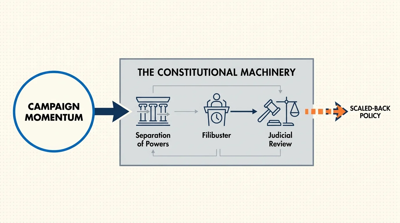 A flow diagram showing campaign momentum being narrowed down by constitutional machinery into scaled-back policy.