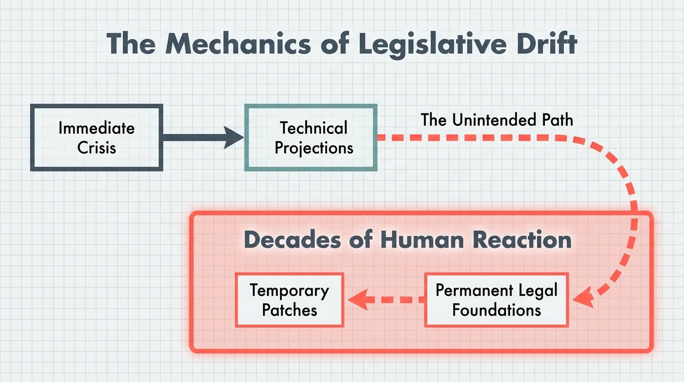 A flowchart showing how immediate crises lead to technical projections and then unintended long-term behavioral shifts.