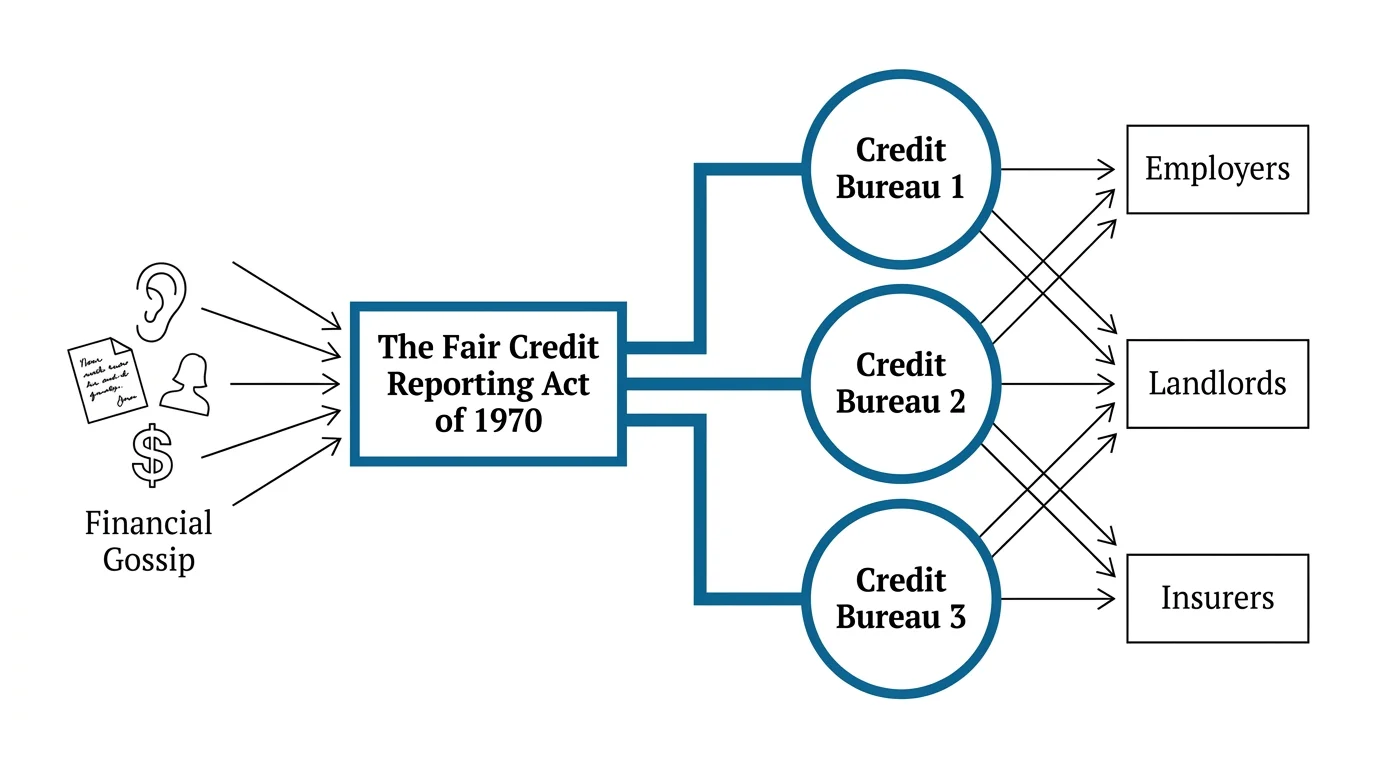 A flowchart showing how the 1970 Fair Credit Reporting Act channeled consumer data to employers, landlords, and insurers.